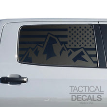 Load image into Gallery viewer, USA Flag with Mountain Scene Decal for 2014 - 2021 Toyota Tundra Crew Max Rear Door Windows - Matte Black
