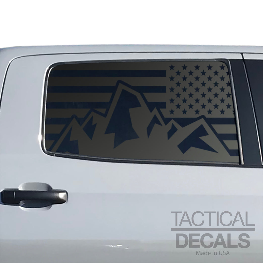 USA Flag with Mountain Scene Decal for 2014 - 2021 Toyota Tundra Crew Max Rear Door Windows - Matte Black