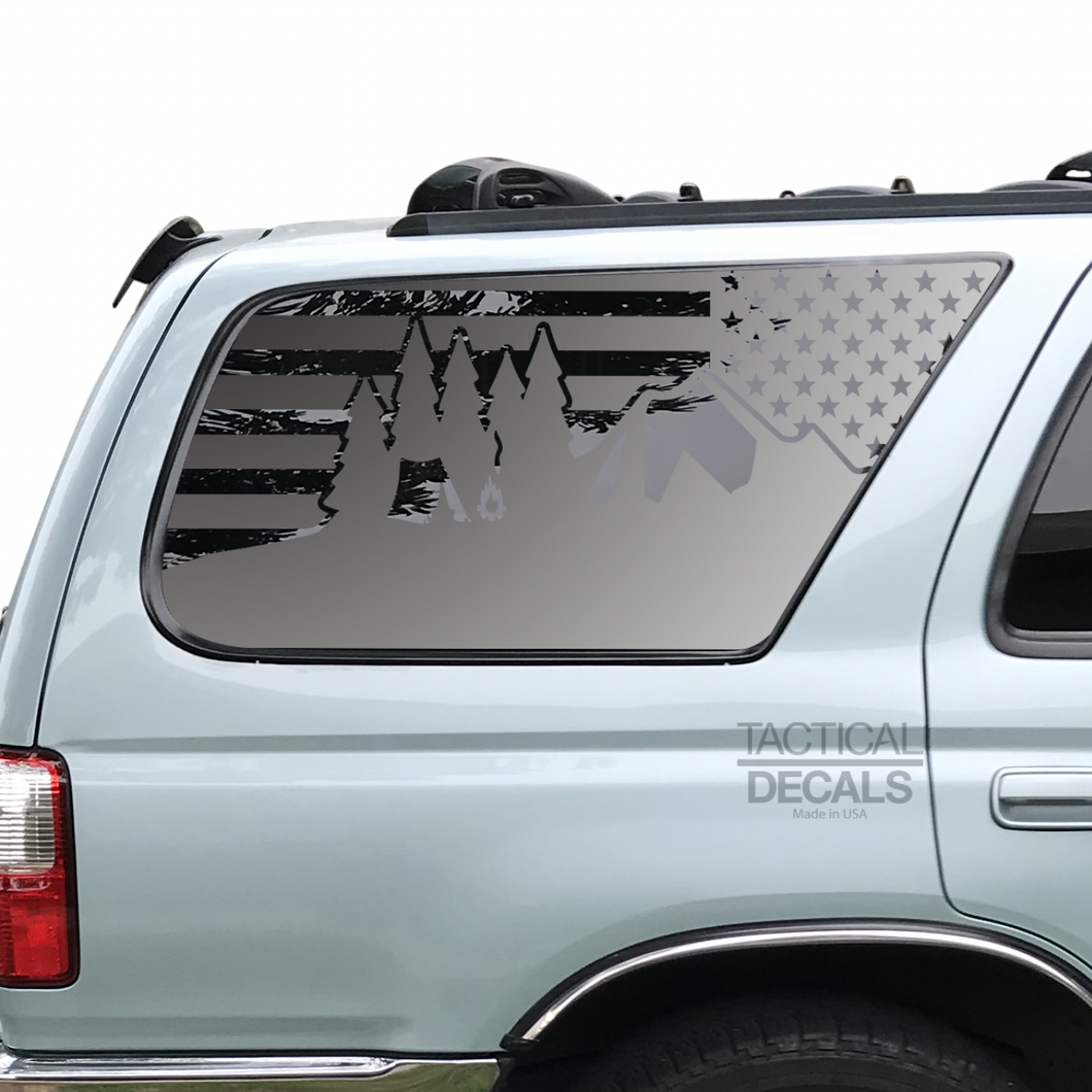 USA Flag w/Camping Outdoor Scene Decal for 1996-2002 Toyota 4Runner 3rd Windows - Matte Black