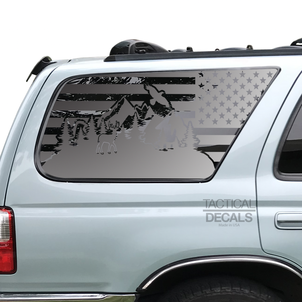 USA Flag w/Wildlife Mountain Scene II Decal for 1996-2002 Toyota 4Runner 3rd Windows - Matte Black