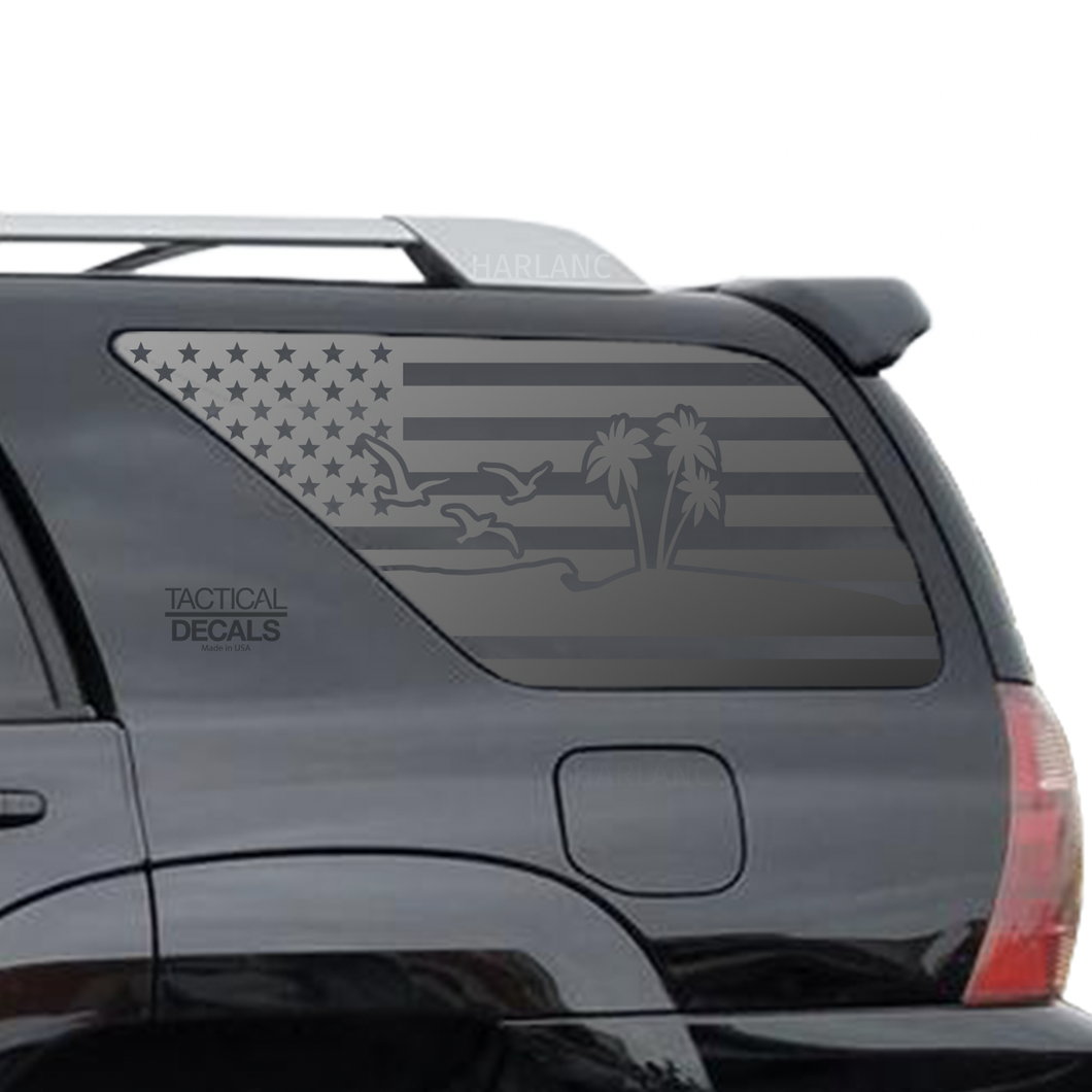 USA Flag w/ beach ocean Outdoor scene Decal for 2003 - 2009 Toyota 4Runner Windows - Matte Black