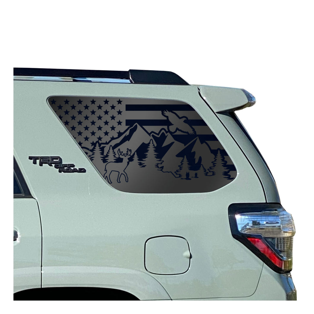 USA Flag w/Wildlife Mountain scene Decal for 2010 - 2023 Toyota 4Runner Windows - Matte Black