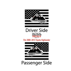 USA Flag with Mountain Scene Decals for 2008-2013 Toyota Highlander 3rd Windows - Matte Black