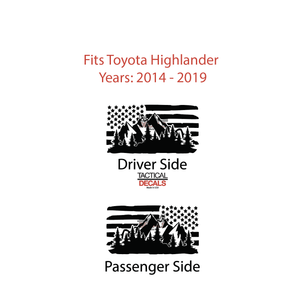 Distressed USA Flag with Mountain Scene Decal for 2014-2019 Toyota Highlander 3rd Windows - Matte Black