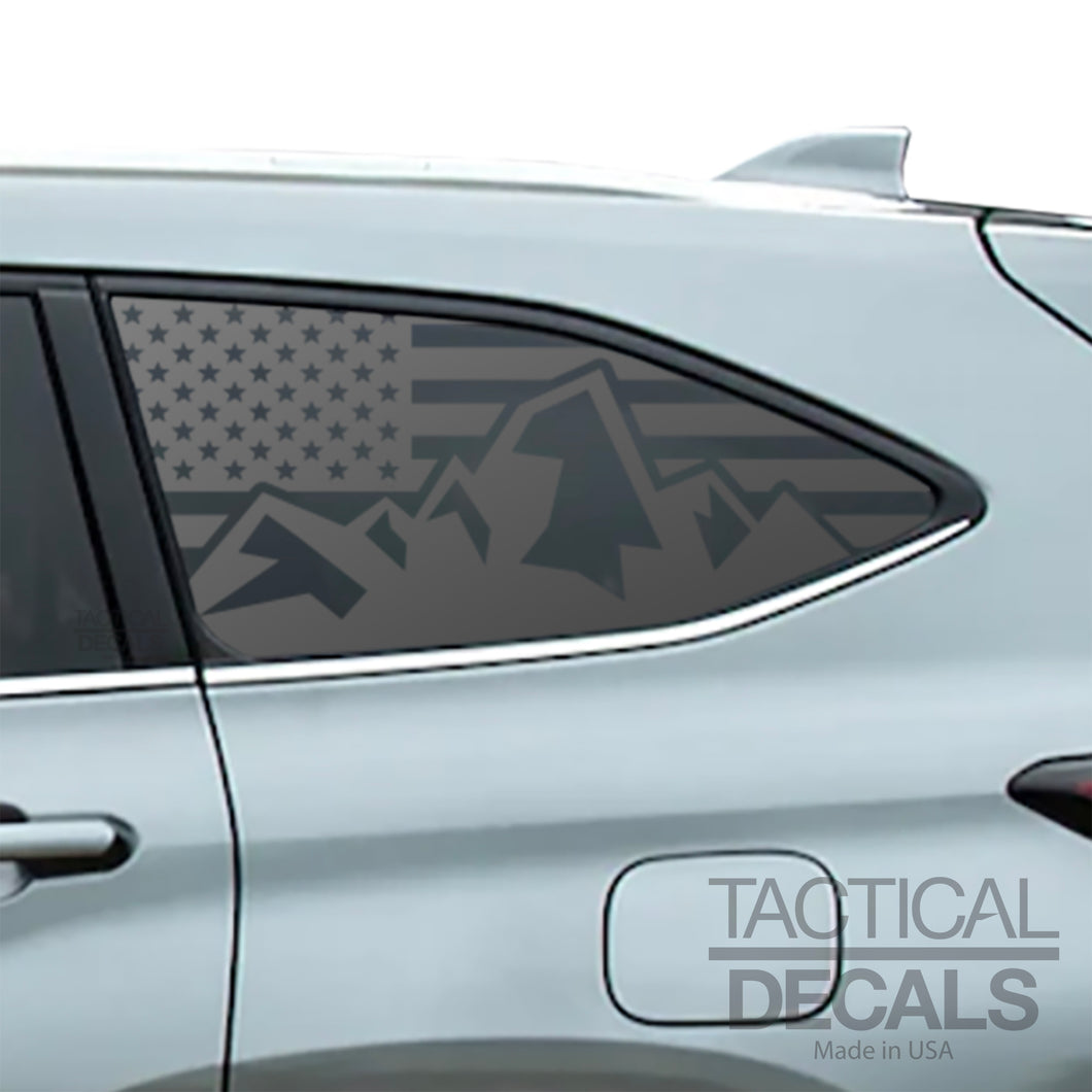 USA Flag with Mountain Scene Decals 2020 - 2025 Toyota Highlander Rear Windows - Matte Black