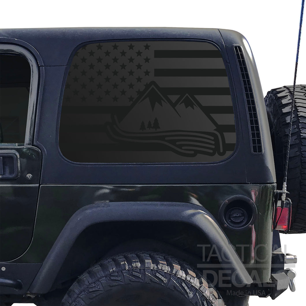 USA Flag with Mountains Decal for 1997 - 2006 Jeep Wrangler TJ 2 Door only - Hardtop Windows - Matte Black