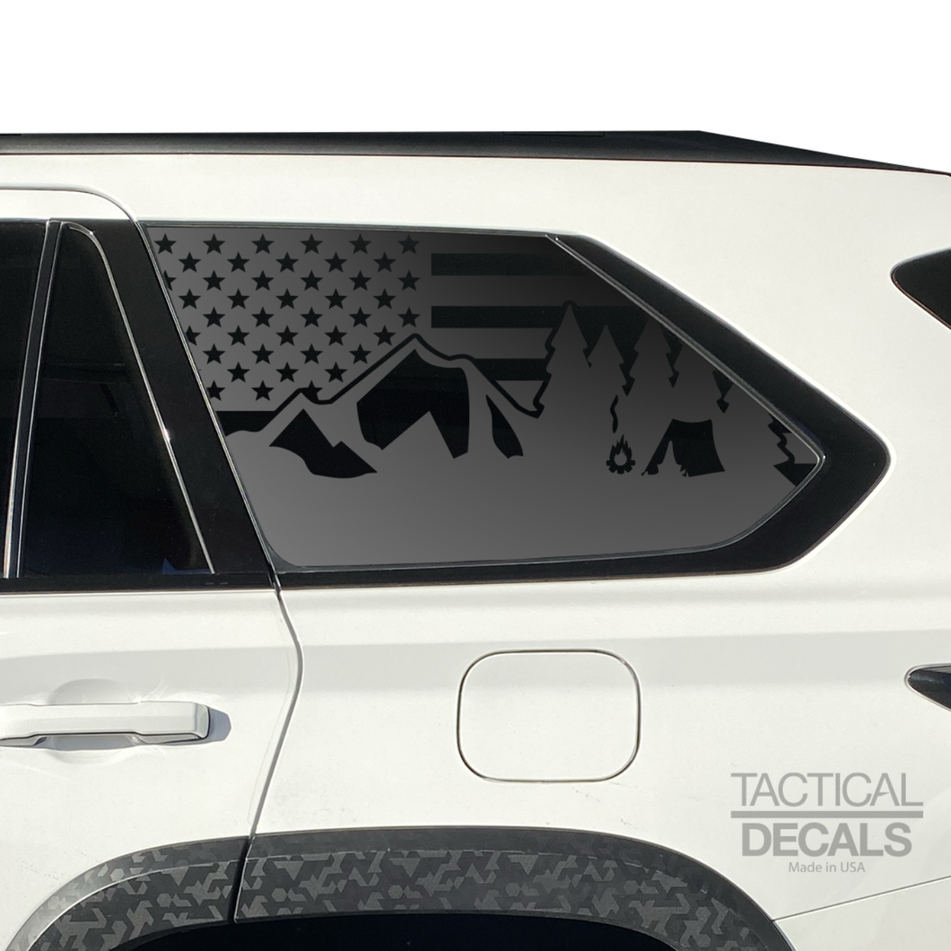 USA Flag w/ Camping Mountain Scene Decal for 2023 - 2024 Toyota Sequoia Rear Windows - Matte Black