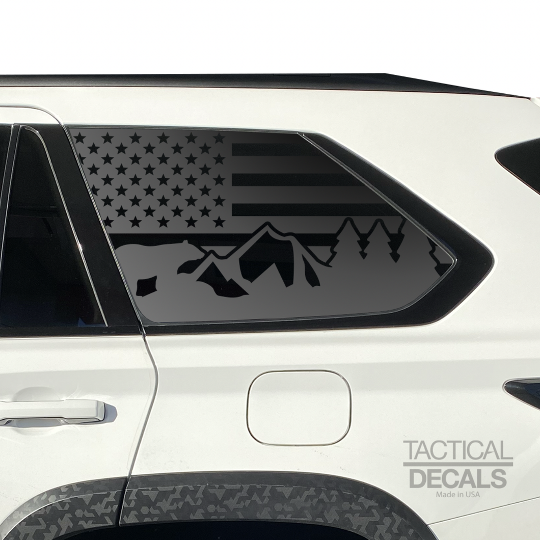 USA Flag w/ Mountain Bear Scene Decal for 2023 - 2024 Toyota Sequoia Rear Windows - Matte Black