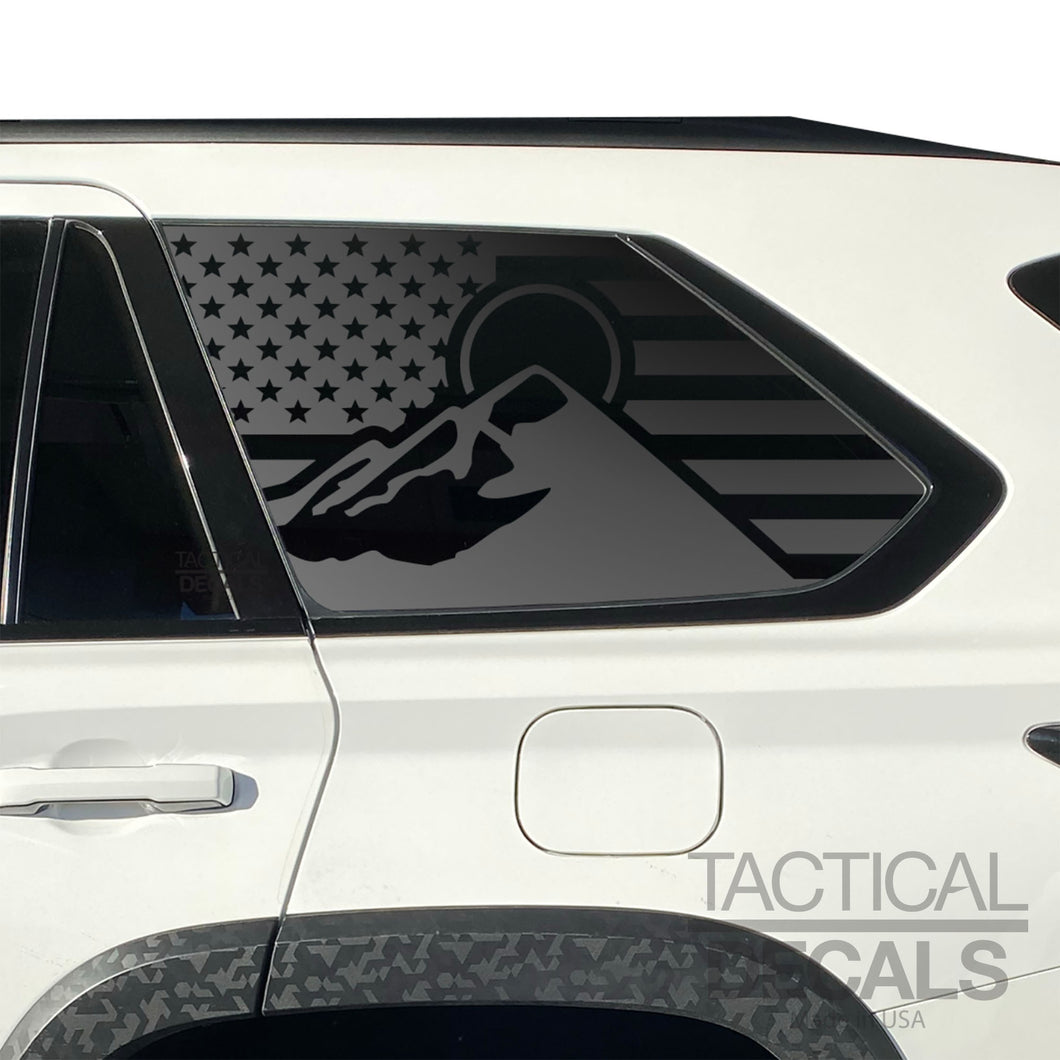 USA Flag with Mountain Scene Decal for 2023 - 2025 Toyota Sequoia Rear Windows - Matte Black
