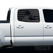 Load image into Gallery viewer, USA Flag with Mountain Scene Decal for 2005 - 2015 Toyota Tacoma Rear Door Windows - Matte Black
