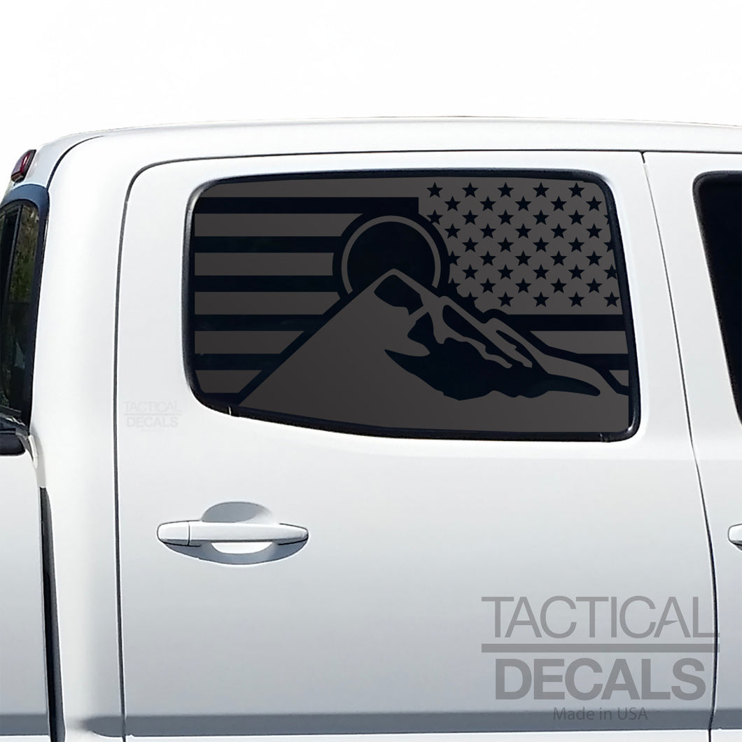 USA Flag with Mountain Scene Decal for 2005 - 2015 Toyota Tacoma Rear Door Windows - Matte Black