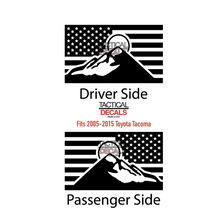 Load image into Gallery viewer, USA Flag with Mountain Scene Decal for 2005 - 2015 Toyota Tacoma Rear Door Windows - Matte Black
