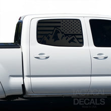 Load image into Gallery viewer, USA Flag with Mountain Scene Decal for 2005 - 2015 Toyota Tacoma Rear Door Windows - Matte Black
