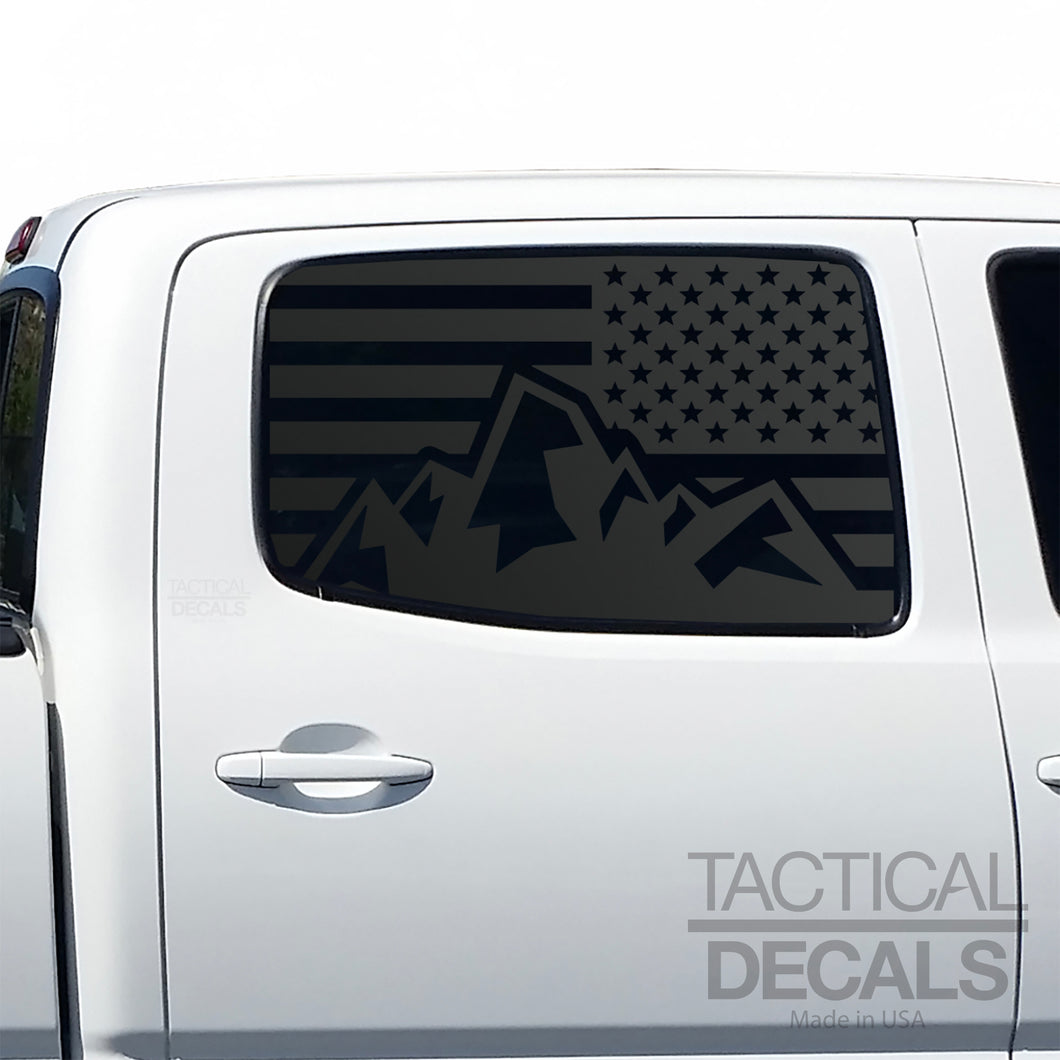 USA Flag with Mountain Scene Decal for 2005 - 2015 Toyota Tacoma Rear Door Windows - Matte Black