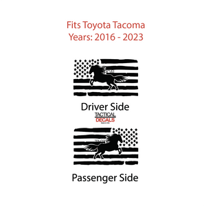 Distressed USA Flag w/Horse Decal for 2016 - 2023 Toyota Tacoma Rear Door Windows - Matte Black