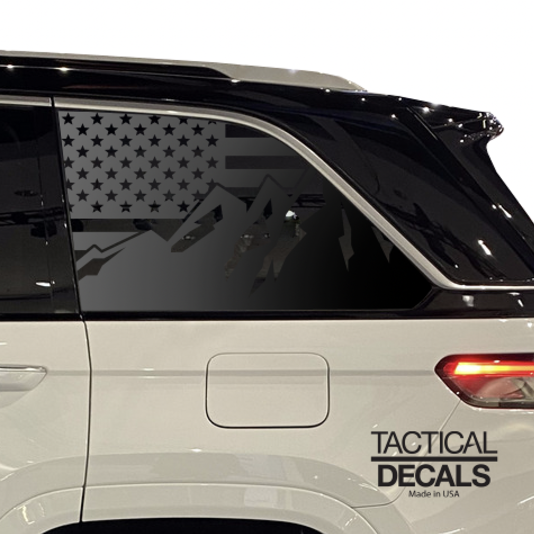 USA Flag w/ Mountain scene Decal for 2021-2023 Jeep Grand Cherokee Non-L 3rd Windows - Matte Black