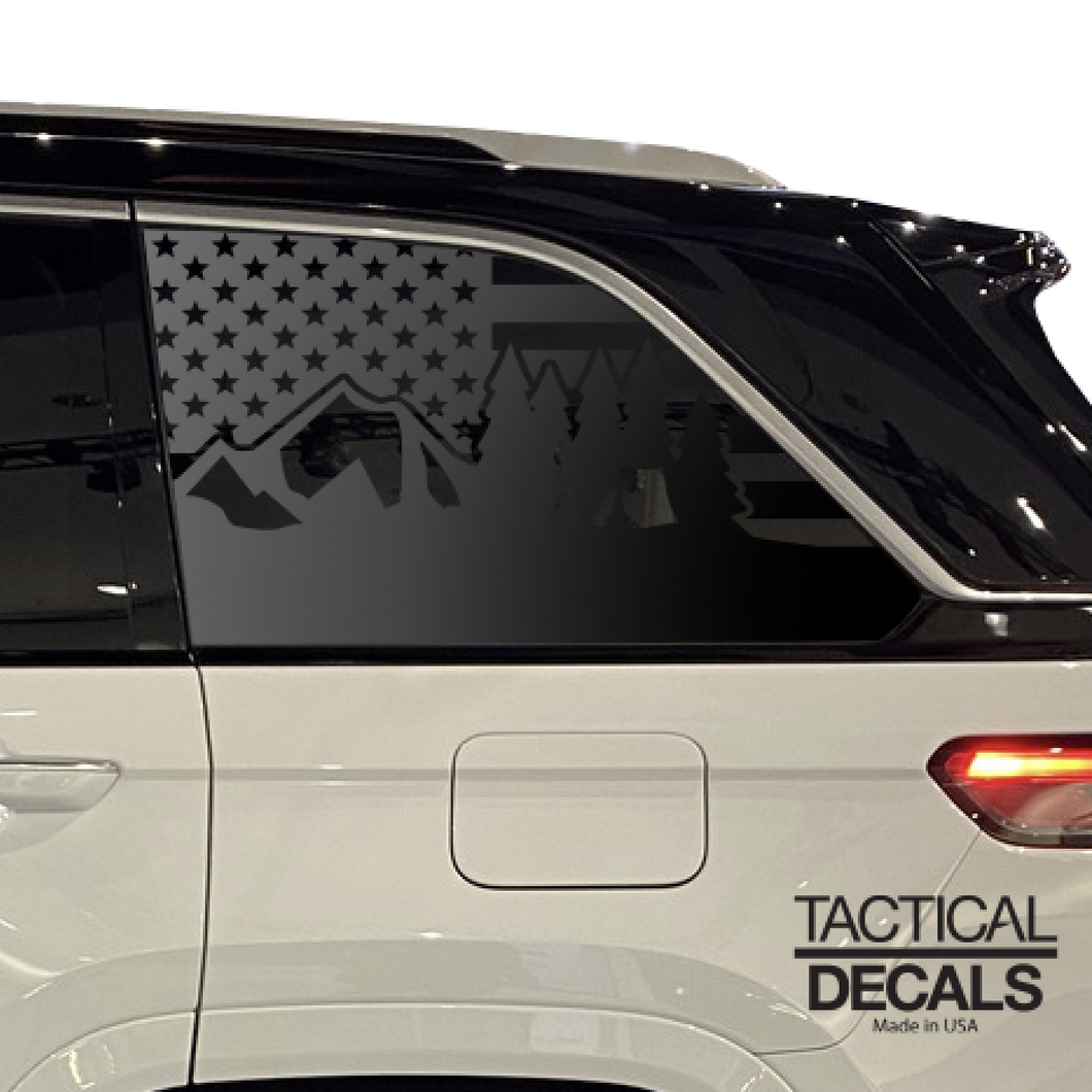 USA Flag w/ Campsite Mountain scene Decal for 2021-2023 Jeep Grand Cherokee Non-L 3rd Windows - Matte Black