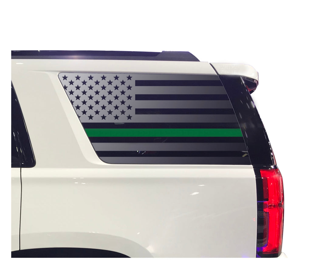 USA Flag with Green Line Decal for 2015-2020 Chevy Tahoe 3rd Windows - Matte Black