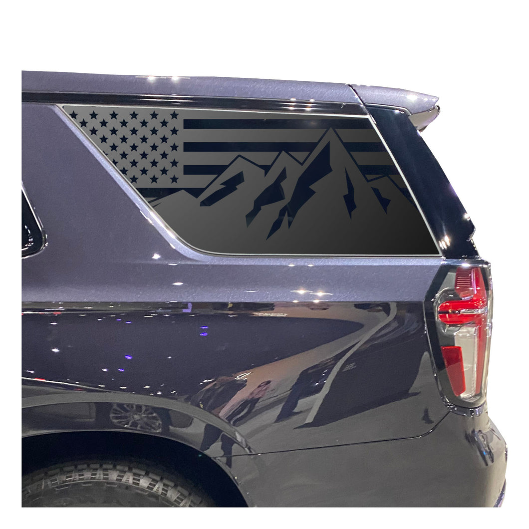 USA Flag w/ Mountain Scene Decal for 2021 - 2023 Chevy Tahoe 3rd Windows - Matte Black