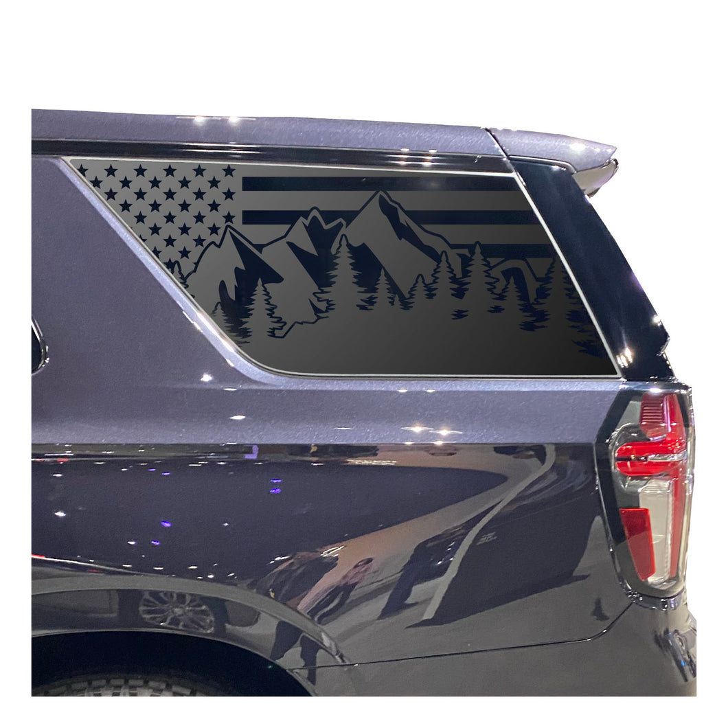 USA Flag w/ Mountain Scene Decal for 2021 - 2023 Chevy Tahoe 3rd Windows - Matte Black
