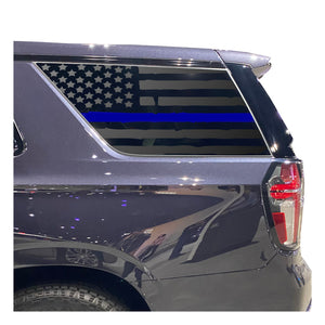 Distressed USA Flag w/ Blue Line Decal for 2021 - 2024 Chevy Tahoe 3rd Windows - Matte Black
