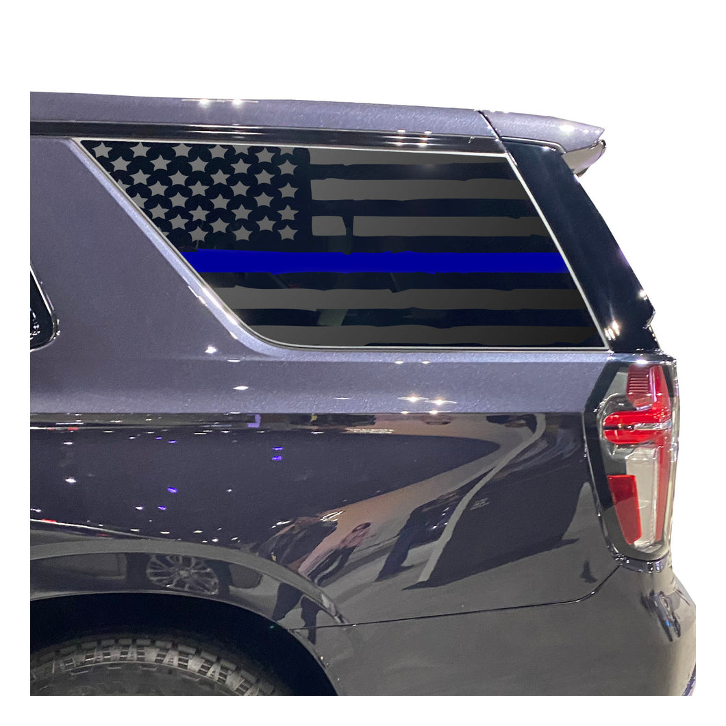 Distressed USA Flag w/ Blue Line Decal for 2021 - 2023 Chevy Tahoe 3rd Windows - Matte Black