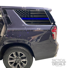 Load image into Gallery viewer, Distressed USA Flag w/ Blue Line Decal for 2021 - 2024 Chevy Tahoe 3rd Windows - Matte Black
