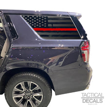 Load image into Gallery viewer, Copy of Distressed USA Flag w/ Red Line Decal for 2021 - 2023 Chevy Tahoe 3rd Windows - Matte Black
