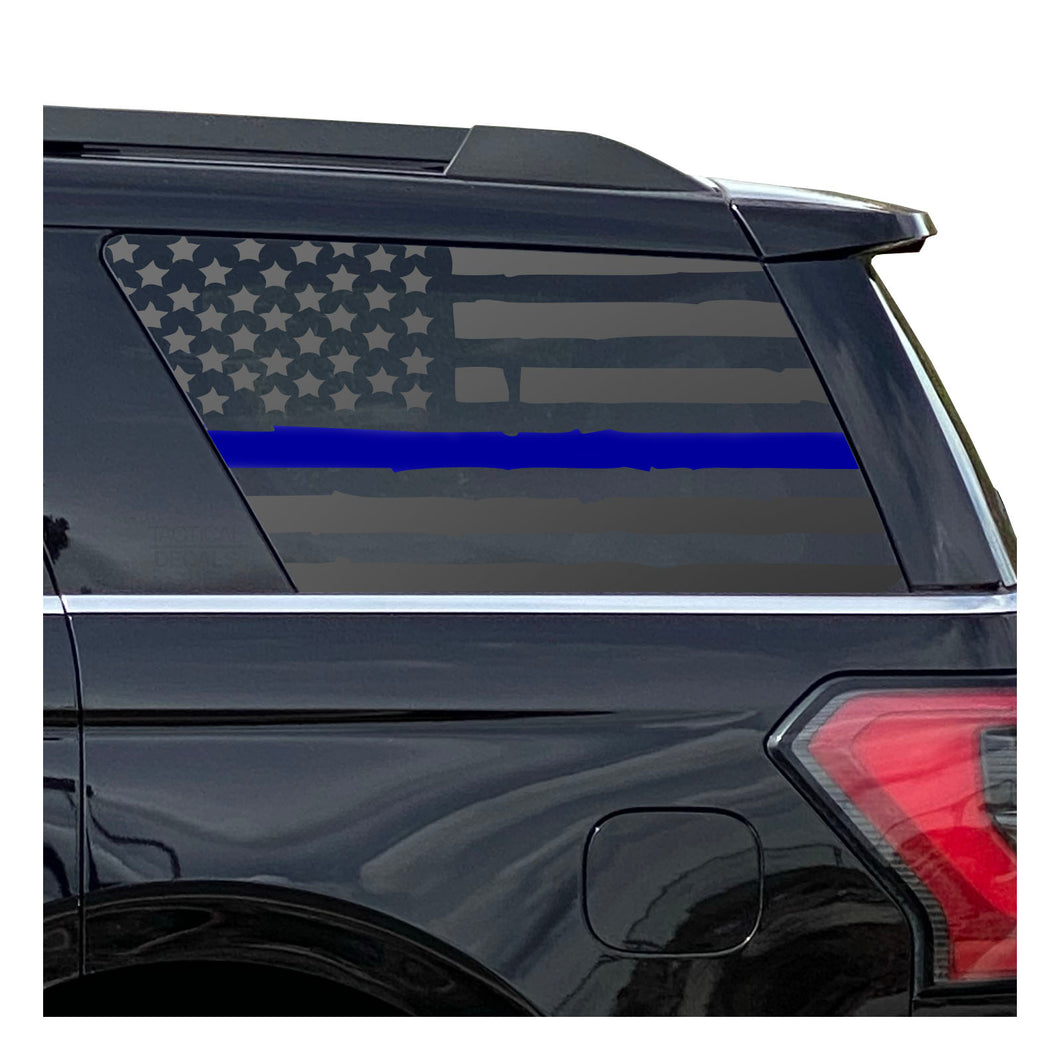 Distressed USA Flag w/ Blue Line Decal for 2018 - 2023 Ford Expedition 3rd Windows - Matte Black