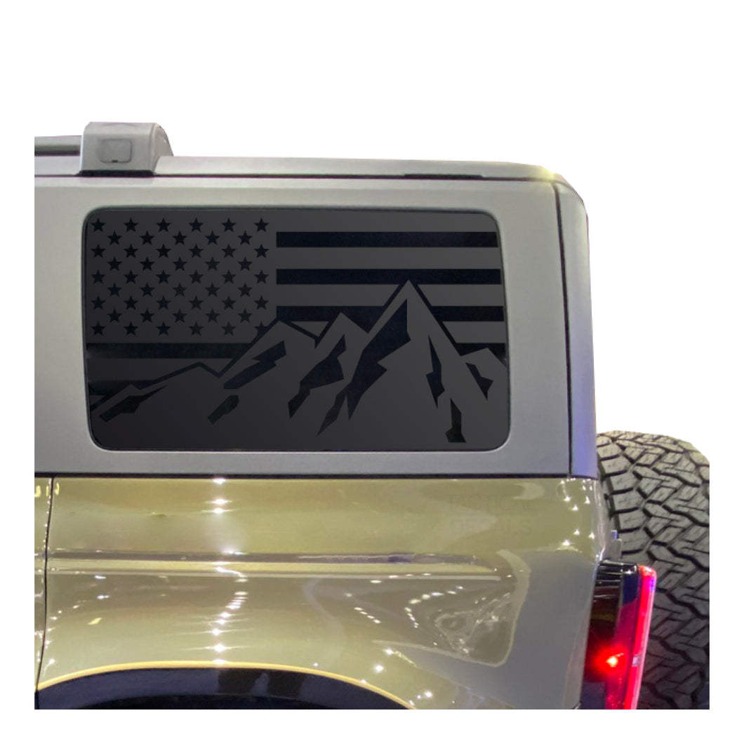 USA Flag with Mountain Scene Decal for 2021 - 2023 Ford Bronco 4-Door Windows - Matte Black