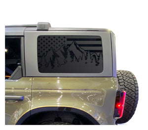 USA Flag with Mountain Scene Decal for 2021 - 2023 Ford Bronco 4-Door Windows - Matte Black
