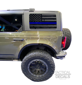Distressed USA Flag w/Blue Line Decal for 2021 - 2023 Ford Bronco 4-Door Windows - Matte Black