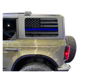 Distressed USA Flag w/Blue Line Decal for 2021 - 2023 Ford Bronco 4-Door Windows - Matte Black