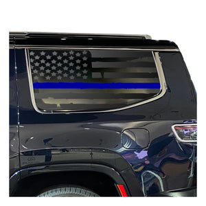 Distressed USA Flag w/Blue Line Decal for 2022-2024 Jeep Grand Wagoneer 3rd Windows - Matte Black