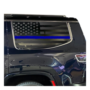 Distressed USA Flag w/Blue Line Decal for 2022-2023 Jeep Grand Wagoneer 3rd Windows - Matte Black