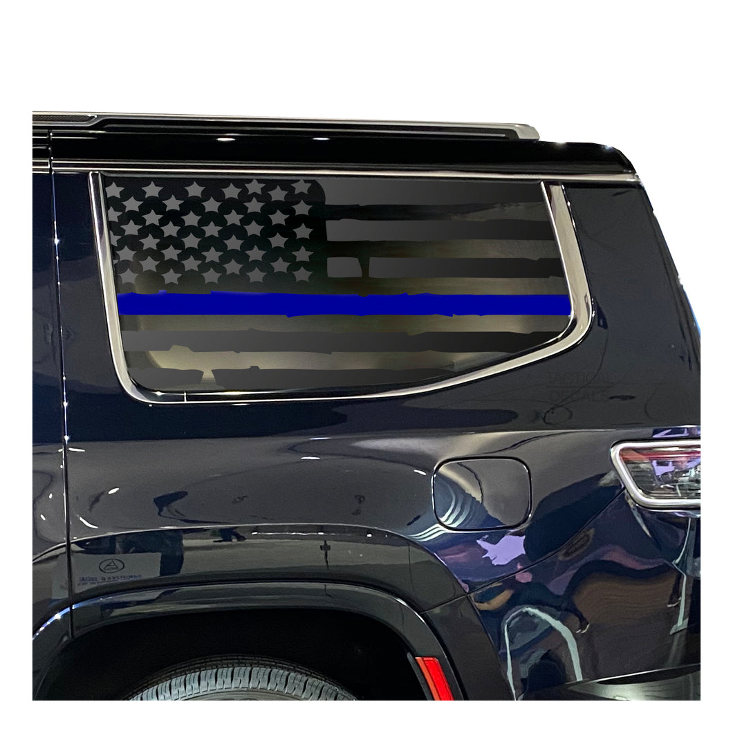 Distressed USA Flag w/Blue Line Decal for 2022-2024 Jeep Grand Wagoneer 3rd Windows - Matte Black