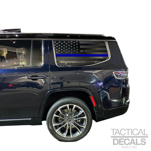 Distressed USA Flag w/Blue Line Decal for 2022-2024 Jeep Grand Wagoneer 3rd Windows - Matte Black
