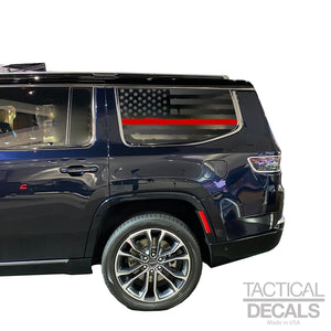 Distressed USA Flag w/Red Line Decal for 2022-2024 Jeep Grand Wagoneer 3rd Windows - Matte Black