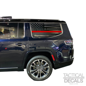 Distressed USA Flag w/Red Line Decal for 2022-2023 Jeep Grand Wagoneer 3rd Windows - Matte Black
