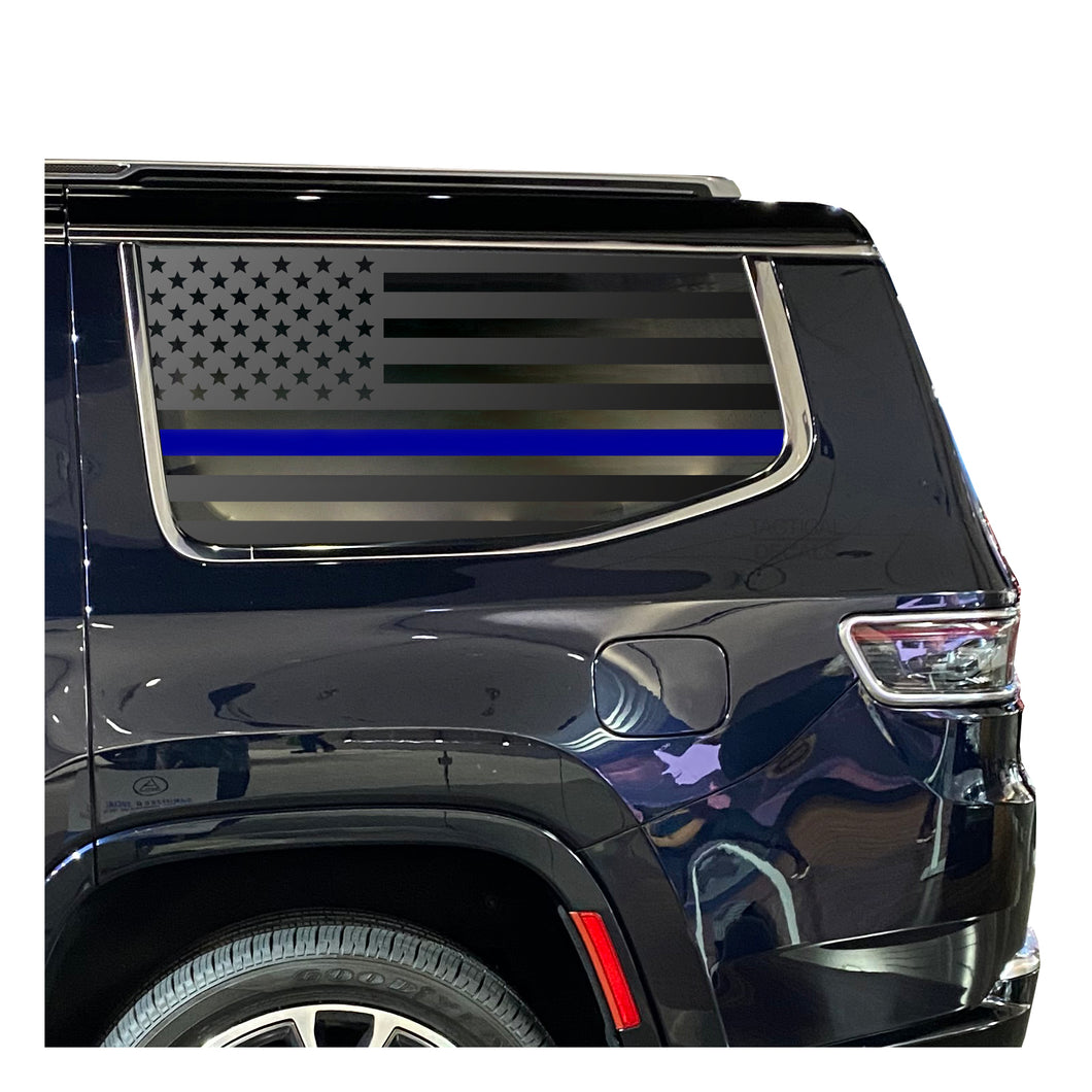 USA Flag w/Blue Line Decal for 2022-2024 Jeep Grand Wagoneer 3rd Windows - Matte Black