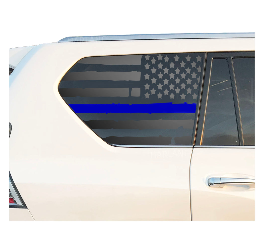 Distressed USA Flag w/Blue Line Decal for 2010-2020 Lexus GX460 3rd Windows - Matte Black