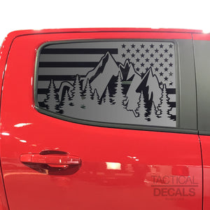 USA Flag w/Mountain Scene Decal for 2014-2020 Chevy Colorado Rear Door Windows - Matte Black
