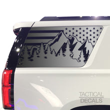 Load image into Gallery viewer, Tactical Decals USA Flag w/Mountain Scene Decal for 2015-2020 Chevy Tahoe 3rd Windows - Matte Black
