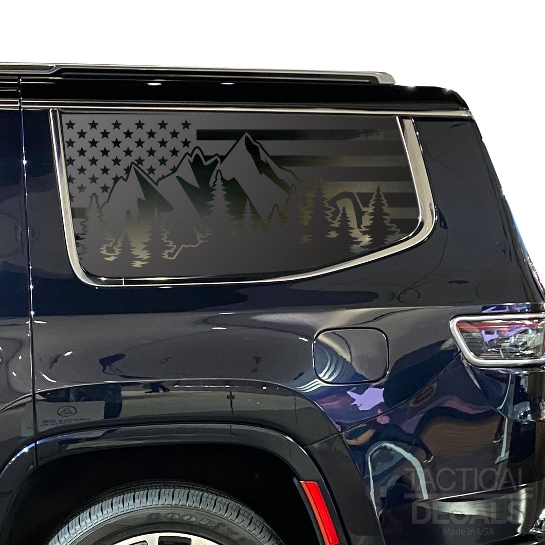 USA Flag w/ Mountain Scene Decal for 2022-2023 Jeep Grand Wagoneer 3rd Windows - Matte Black