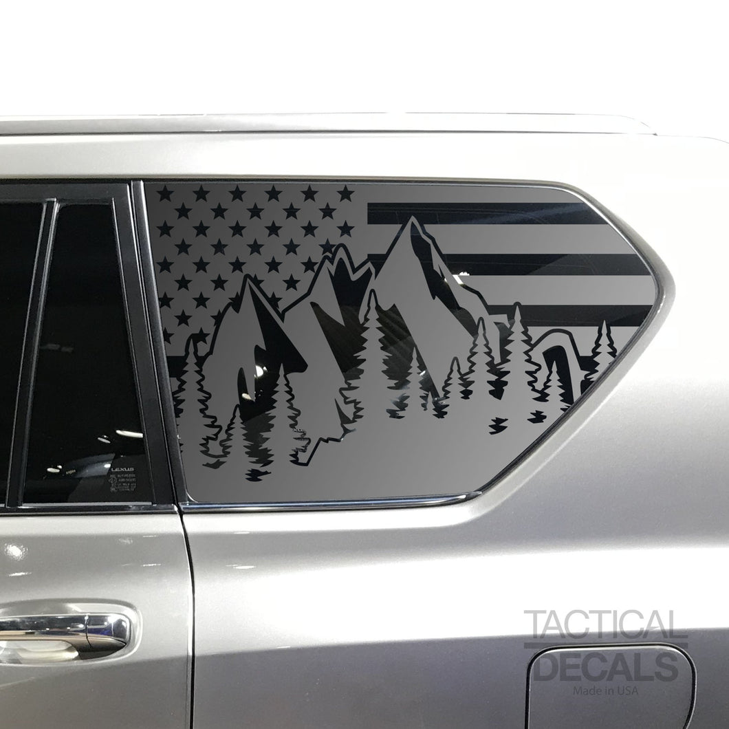USA Flag w/Mountain Scene Decal for 2010-2020 Lexus GX460 3rd Windows - Matte Black