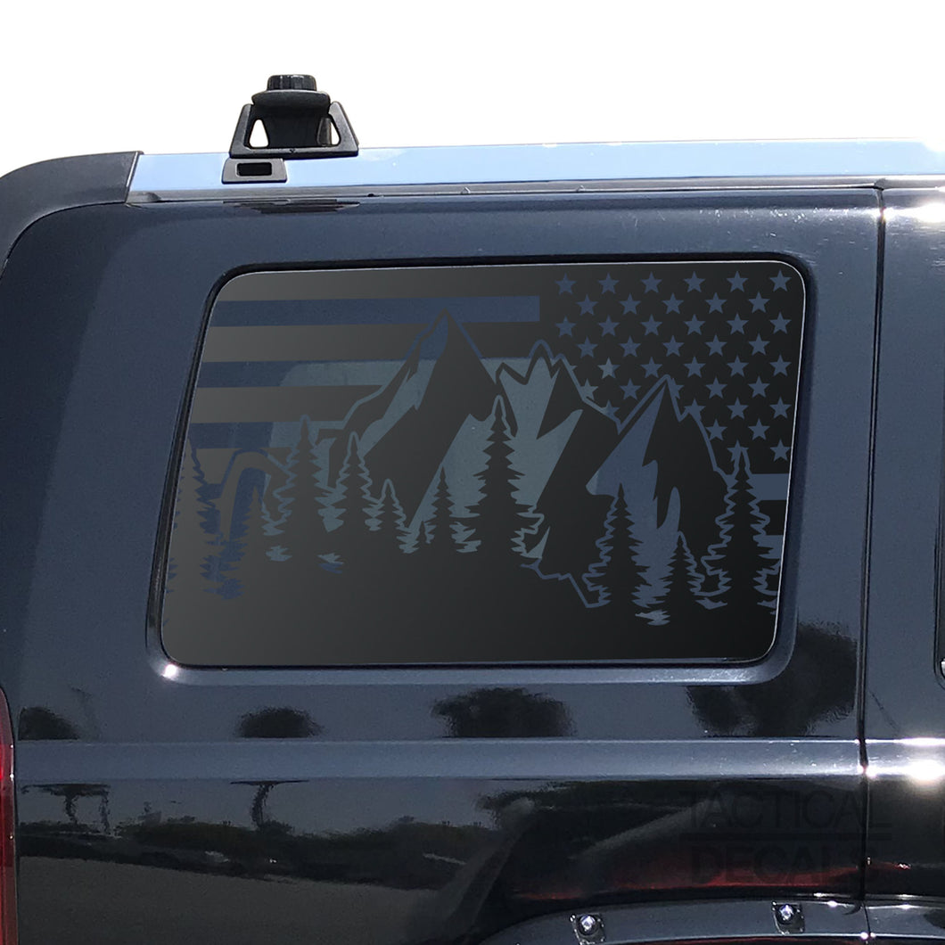 USA Flag w/Mountain Scene Decal for 2002-2009 Jeep Commander 3rd Windows - Matte Black