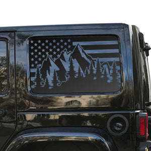 USA Flag w/Mountain Scene Decal for 2007-2020 4-Door Jeep Wrangler Hardtop Windows - Matte Black