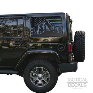 USA Flag w/Mountain Scene Decal for 2007-2020 4-Door Jeep Wrangler Hardtop Windows - Matte Black