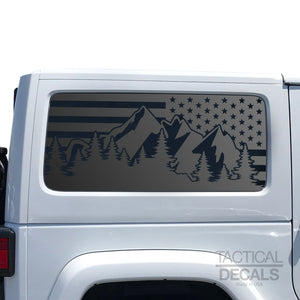 USA Flag w/Mountain Scene Decal for 2007-2024 2-Door Jeep Wrangler Hardtop Windows - Matte Black