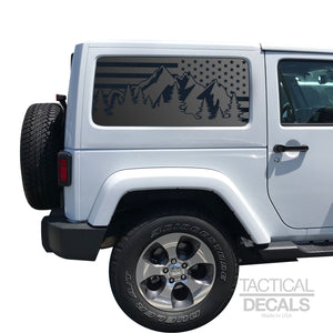 USA Flag w/Mountain Scene Decal for 2007-2020 2-Door Jeep Wrangler Hardtop Windows - Matte Black